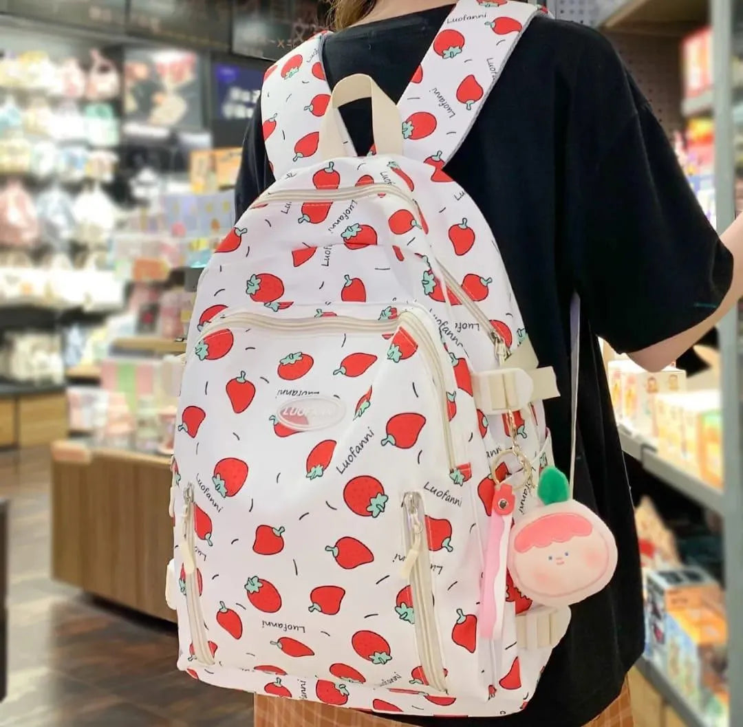 Strawberry Print Nylon Backpack 18" Multicolor