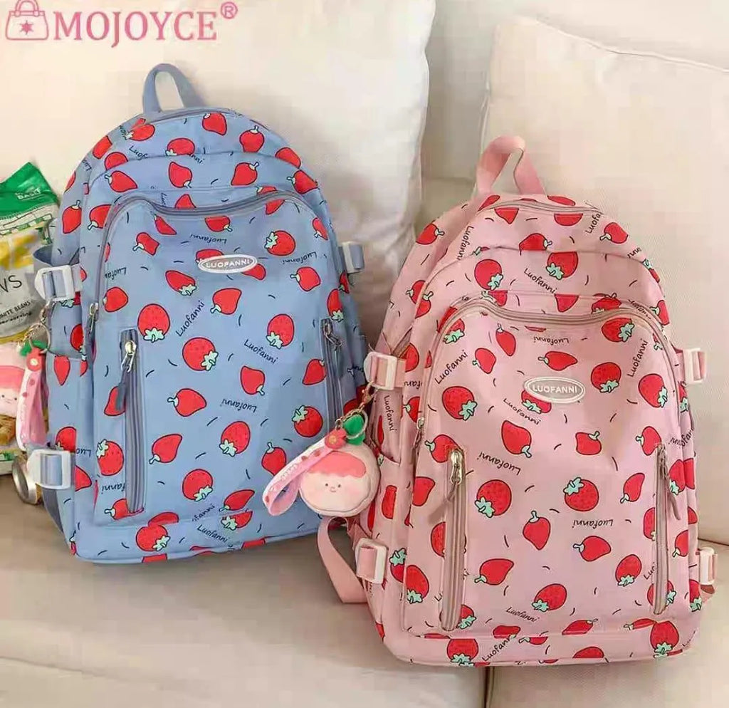 Strawberry Print Nylon Backpack 18" Multicolor