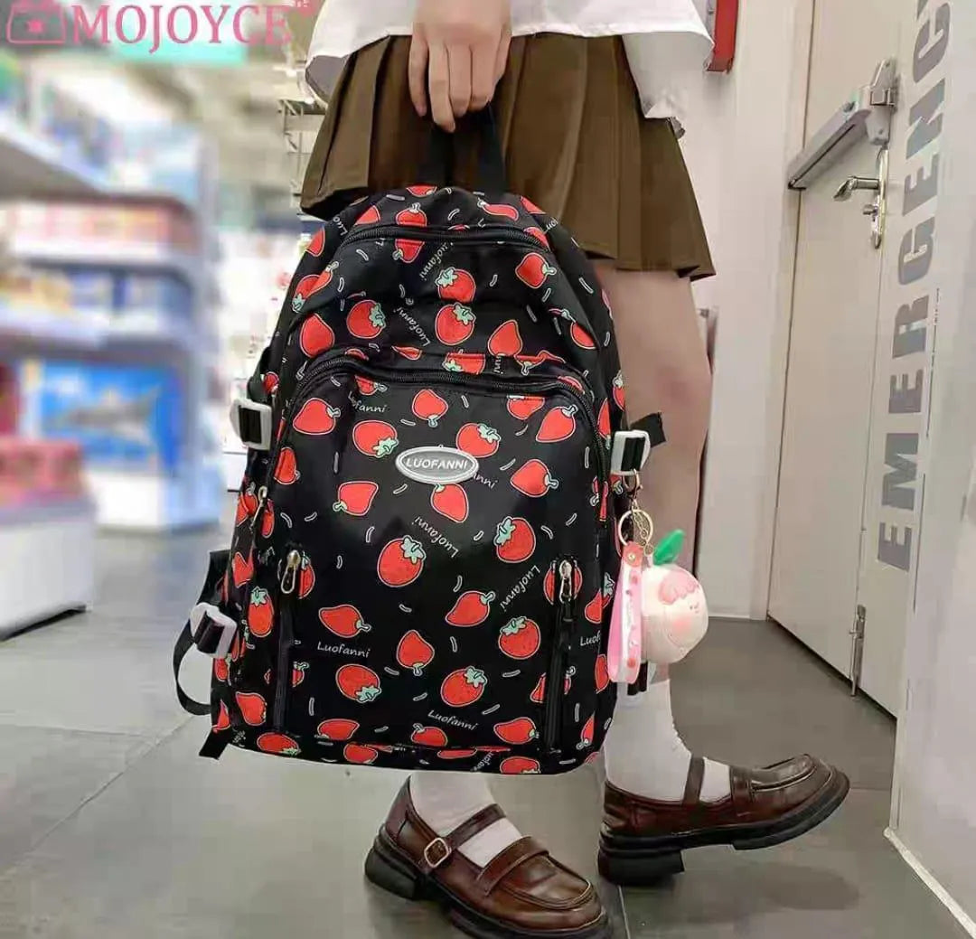 Strawberry Print Nylon Backpack 18" Multicolor